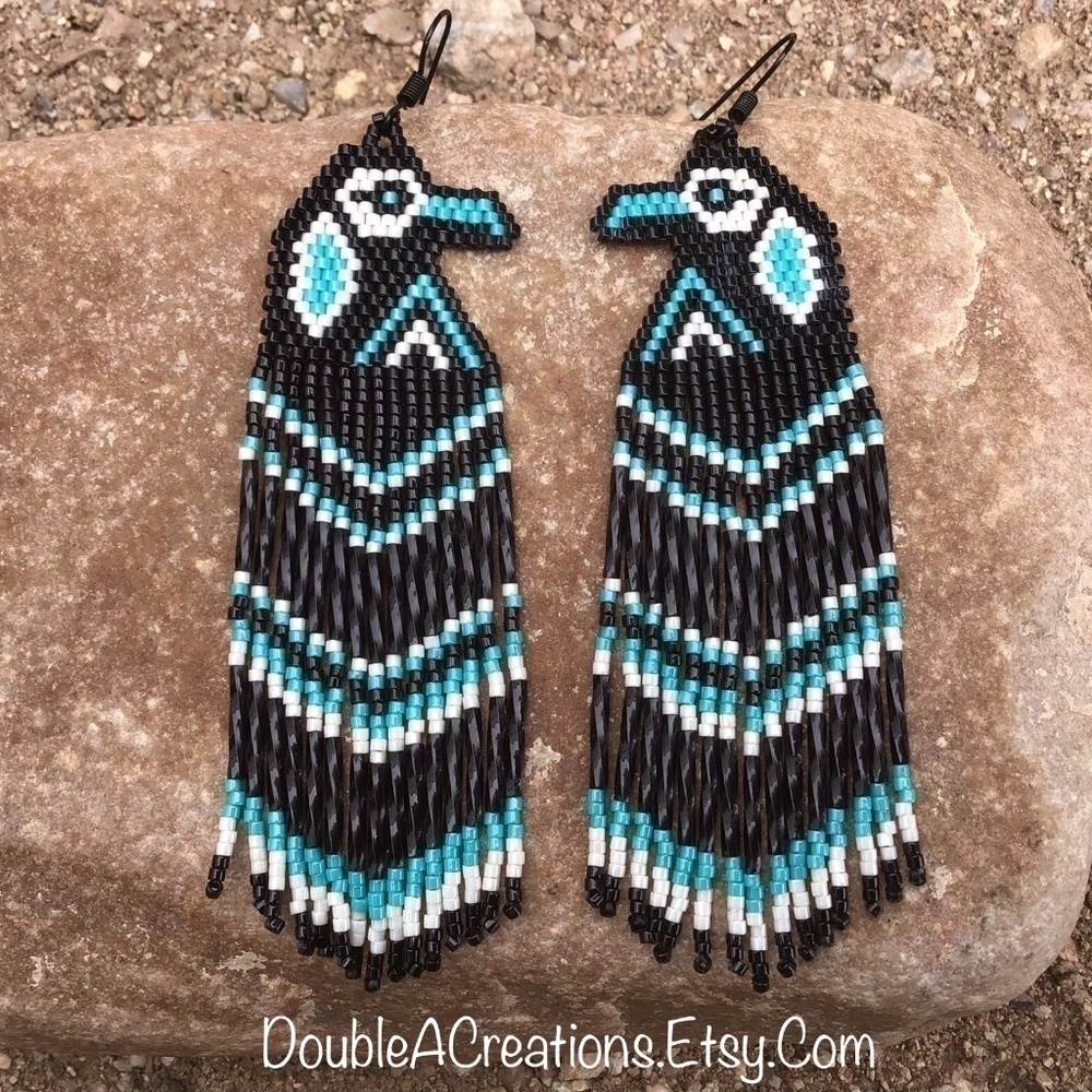 Turquoise Native Raven Beaded Earrings, New, Handmade by Me - Picture 1 of 5